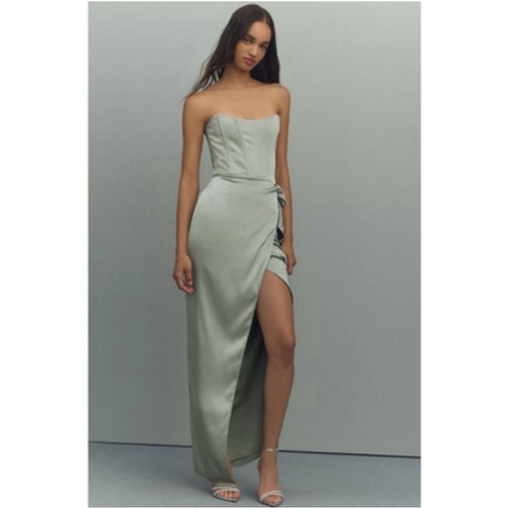 V. Chapman June Corset Strapless Front Slit Gown Green Sage NWOT *Flaw*